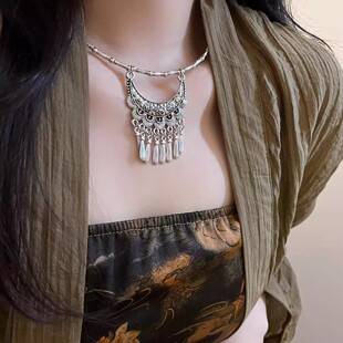 New Chinese Ethnic Style Tassel Pendant Necklace Women's Retro Niche Clavicle Chain Xizang Style All-match Ancient Silver Necklace Chain