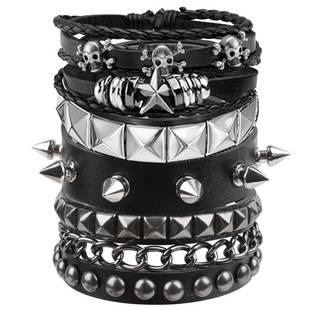 5-Piece Set of Punk Fashion Men's Multi-Layer Vintage Leather Bracelets with Personalized Rivet Chain Leather Handmade Accessories