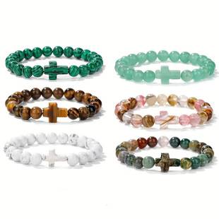 Temu Xiyin Tk European and American Natural Tiger Eye Green Aventurine Turquoise Indian Agate Malachite Cross Beaded Bracelet