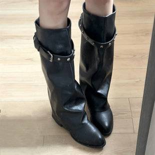 First Encounter with the Spicy Season: Women's Pointed-Toe Black Long Boots, 2026 New Model, Leg-Shaping Rivet Chunky Heel Bootcut Boots