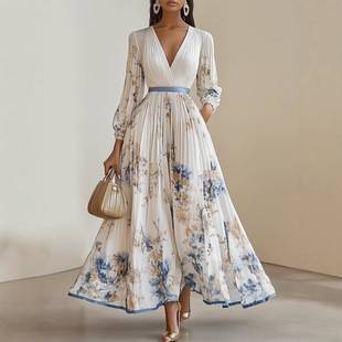 European and American 2025 Autumn and Winter New Women's Printed V-Neck Long-Sleeved Fashion Pleated Dress Long Skirt for Women