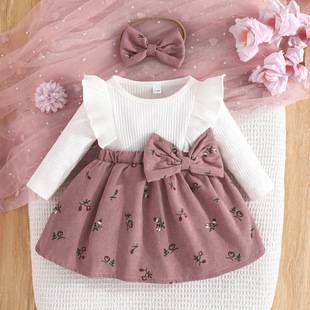Cross-Border Autumn Cute Cotton Ribbed Patchwork Floral Pattern Dress + Bow Headband for 0-2 Year Old Baby Girls