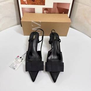 ZA New Autumn 2024 Black Pointed Bow Thick Heel High Heels Women's Baotou Shallow Mouth Rear Strap Sandals Women