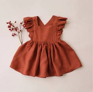 Ins Girls Linen Cotton Suspender Dress Retro Pure Color Baby Ruffle Skirt Spring and Summer Girls Holiday Dress