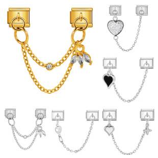 Double Hook Italian Modular Bracelet with Heart-Shaped Pendant Chain and Stainless Steel Watch Band Chain, Creative DIY Hand Accessory