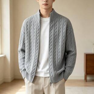 Vintage zip-up sweater for men, spring and autumn casual style, warm knitted cardigan with cable pattern, men's stand-up collar sweater