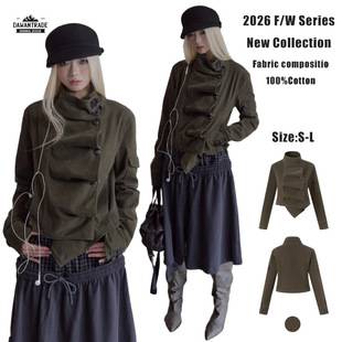 DAWAN26FW Light Asian Style Y2K Palace Style Deconstructed Pleated Stand Collar Short Jacket for Women Slim Fit Slimming Coat