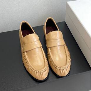 Cross-border The Row pleated cowhide eel-pattern loafers 2026 spring thick heel round toe genuine leather deep-cut women's shoes