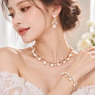 Light Luxury Retro Pearl Necklace and Earring Set, Versatile Bridal Dress Accessories, Fashionable Alloy Electroplating, European and American Cross-Border