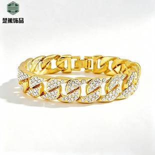 Cross-Border Hot Selling Cuban Bracelet Men's Trendy Cool Personalized Fashion Alloy Diamond 18K Cuban Chain Couple's Hand Jewelry Wholesale