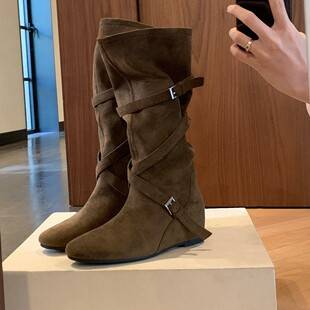 In-Stock Small Sizes 31, 32, 33, Height-Increasing 6cm Stylish Buckle Ruched Mid-Calf Boots for Women, Spring and Autumn, Below the Knee, Pleated Western Boots