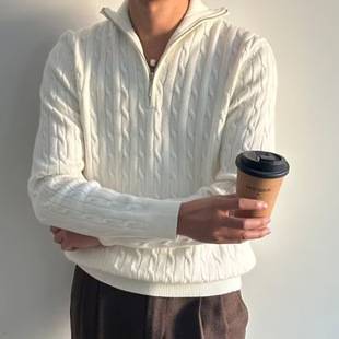 Autumn and Winter Half Turtleneck Zipper Knitwear Men's High-End Lazy Style Pullover Long-Sleeved Knitwear Versatile White Jacket