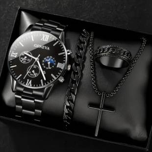 Cross-border hot-selling wholesale calendar steel band men's watch, fashionable business high-end quartz wristwatch accessory set for men