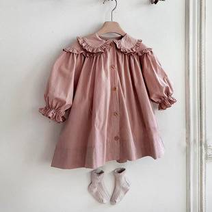 Girls' Korean-Style Spring and Autumn New Dress, Cute Loose Puff Sleeve Baby Girl Doll Cardigan Dress