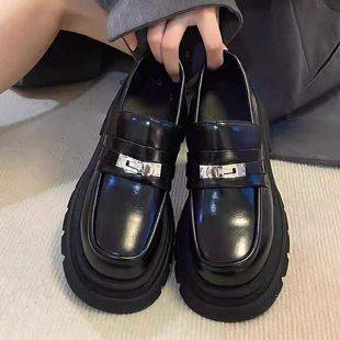Genuine Leather-Thick-Soled British Small Leather Shoes for Women Summer 2025 New Metal Buckle Flats Retro Loafers Large Size Women's Shoes