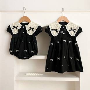 Girls Korean Style dress Summer Short-sleeved Baby Hapi Butterfly Collar Women's Embroidered dress Sisters