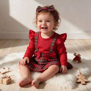 Christmas Cross-border New Children's Wear Baby Plaid dress Christmas Strap Dress Two-piece Long-sleeved Children