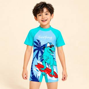 Small and Medium-Sized Boys' One-Piece Swimsuit, Short-Sleeved Sun Protection Swimsuit, Baby Cartoon Quick-Drying Children's Beach Suit 3-8 Years Old