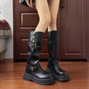 Fashion Explosions But Knee Long Boots 2024 Autumn New Thick Bottom Joker Increased Slim Lapel Knight Boots for Children