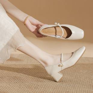 Thick Heel Square Toe Mary Jane Shoes Fairy Style Apricot Mid-Heeled Genuine Leather Shoes for Women Spring & Fall 2025 New High Heels