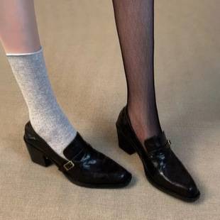 Sheepskin version ~ British-style buckle loafers for women, slip-on, chunky heel, pointed-toe, high-heeled, and suitable for commuting