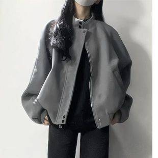 2025 New Autum Style Simple American Retro Versatile Gray Stand-Up Collar Suede Jacket Women's High-End Jacket
