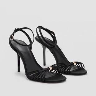 Mng Sexy Gold Stiletto Sandals for Women with One-Strap Buckle, Metal Embellishments, Fashionable and Comfortable High Heels
