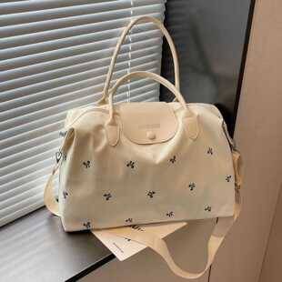 Embroidered Bow Boston Bag, Large Capacity, Suitable for Commuting, Fitness, Short Trips, Portable Crossbody Storage Luggage Bag