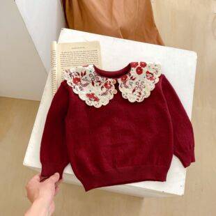2025 Infant Clothing Autumn Large Knitted Pullover Sweet Baby Girls Class a Top Lace Collar Fashion