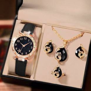 5Pcs Fashion Butterfly Women's Watch Leather Strap Ladies Quartz Watch Jewelry Set