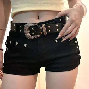 American-Style Spicy Girl Sexy Black Hip-Hugging Hot Pants Summer Versatile Slimming Elastic A-Line Studded Denim Shorts