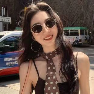 Cat-Eye Sunglasses Cross-Border Women's High-End Retro Old Money Style Metal Small Face Oval Small Frame Brown Sunglasses