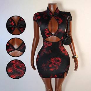 New Chinese Style Retro Red Cheongsam Dress Summer New Improved Version Dress Waist Tight Skirt