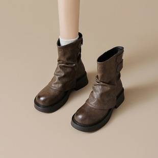 Melard Short Boots for Women 2026 New Spring and Autumn Thick-Soled Brown Stacked Boots British Style Martin Boots