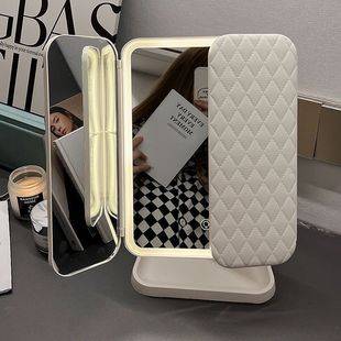 New Led Desktop Makeup Mirror Two-In-1 Shell Three-Sided Storage Box Foldableing Makeup Mirror Adjustable Mirror Double Opening
