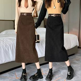 Vintage Corduroy Split Hip Skirt Women's Autumn and Winter New High Waist Elegant Slimming Hip Covering Mid-Length Straight Skirt