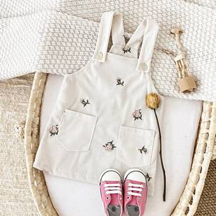 Ins Baby Girl Floral Embroidered Suspender Dress Spring and Autumn Corduroy Girls' Base Dress Cross-Border Hot-Selling Cute
