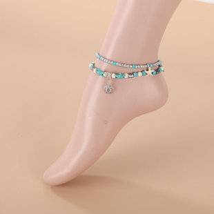 Cross-Border Bohemian Style Imitation Turquoise Starfish and Turtle Multi-Layer Anklet Vintage Beach Vacation Set in Stock