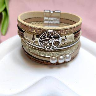 Amazon Hot Selling Pu Leather Rope Magnet Buckle Bracelet Pearl Handwoven Life Tree Women's Bracelet Bracelet Wholesale