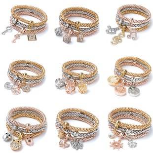 European and American Cross-Border Hot Selling Alloy Three-Color Set Elastic Popcorn Corn Chain Diamond Heart Pendant Bracelet for Women