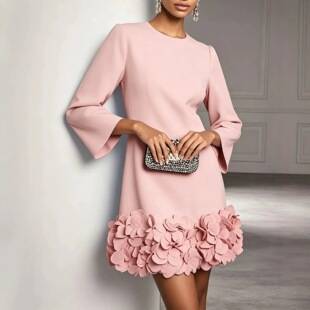2026 European and American women's fashion: A-line party dress with a round neckline, long sleeves, and a flared hem adorned with three-dimensional floral embellishments