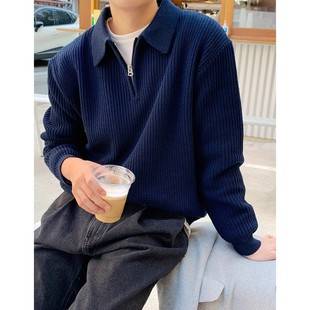 Autumn and Winter Knit Sweater for Men, Half-Zip Polo Shirt with Turn-Down Collar, Slim Fit, Warm, Cross-Border Wholesale, Light Luxury, High-End Feel