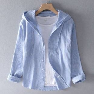Spring and Autumn New Style Hooded Long-Sleeved Solid Color Linen Shirt for Men, Thin and Loose-Fitting, Solid Color Youth Cotton-Linen Shirt, Fashionable and Trendy