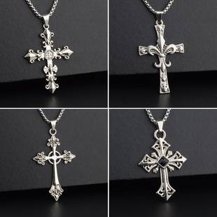 European and American Diamond Cross Titanium Steel Necklace for Boys and Girls Trendy Handsome Hip-Hop Retro Pendant Sweater Chain Long Style