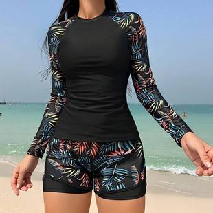 2025 Amazon European and American Foreign Trade Swimwear Long-Sleeved Printed Splicing Double-Layer Pants Women's Split Tankini Swimsuit