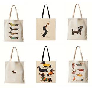 Cross-Border New Product: Dachshund Puppy Print Canvas Tote Bag, Foldable Bag, Travel Bag, Miscellaneous Items Bag