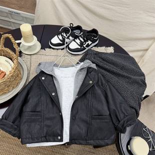 Korean-style boys' autumn leather jacket, faux two-piece, 2026 new model, super stylish and handsome jacket for children and toddlers