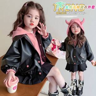Girls' 2026 New Style Children's Leather Jacket, Faux Two-Piece Coat, Spring and Autumn Style, Korean Fashion Jacket for Little Girls