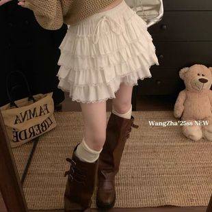 White Autumn and Winter New Sweet Style Lace Patchwork Skirt, Versatile and Age-Reducing, with Tie-Up Velvet High-Waisted Tiered Short Skirt