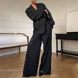 European and American Amazon Black Sequin Embroidered Suit Set for Women, High-End Loose Wide-Leg Pants Two-Piece Set